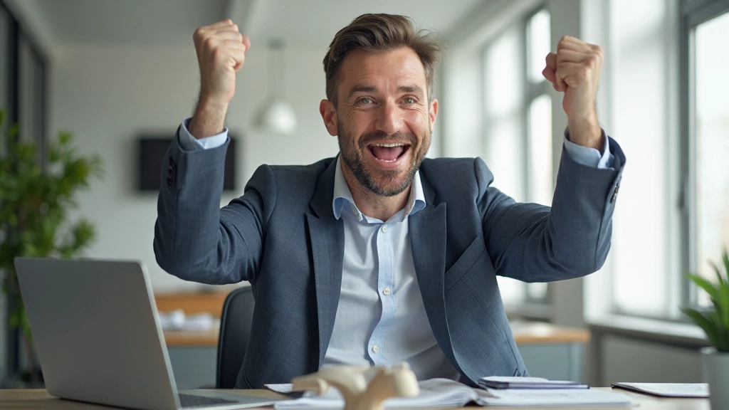 Профессиональное фото человека, достигающего успеха с энергичным выражением лица в офисной среде